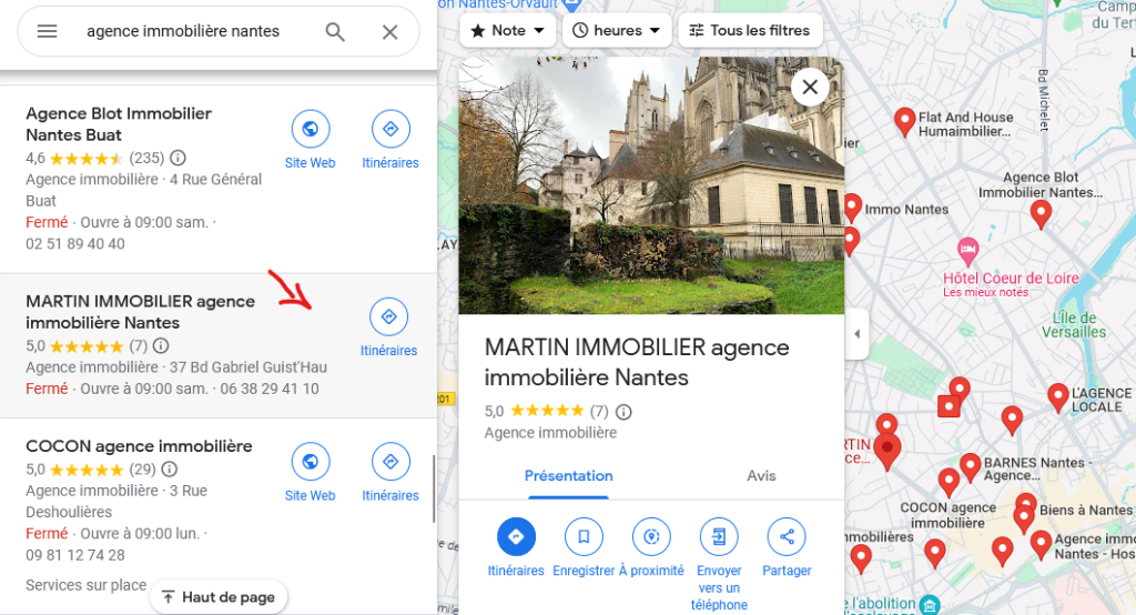 Capture d'écran de Google Maps concernant une recherche sur les agences immobilières. 